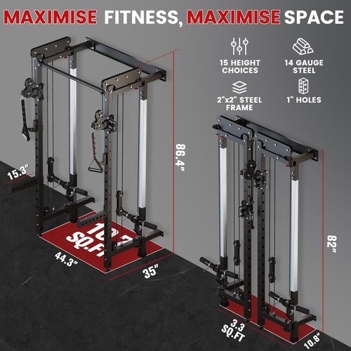 Folding Squat Rack - Wall Mounted Power Rack Cage Home Gym with Cable Crossover Machine & LAT Pull Down - Functional Trainer with 5 Adjustable Function Modes - with Safety Arm and Dips Attachment