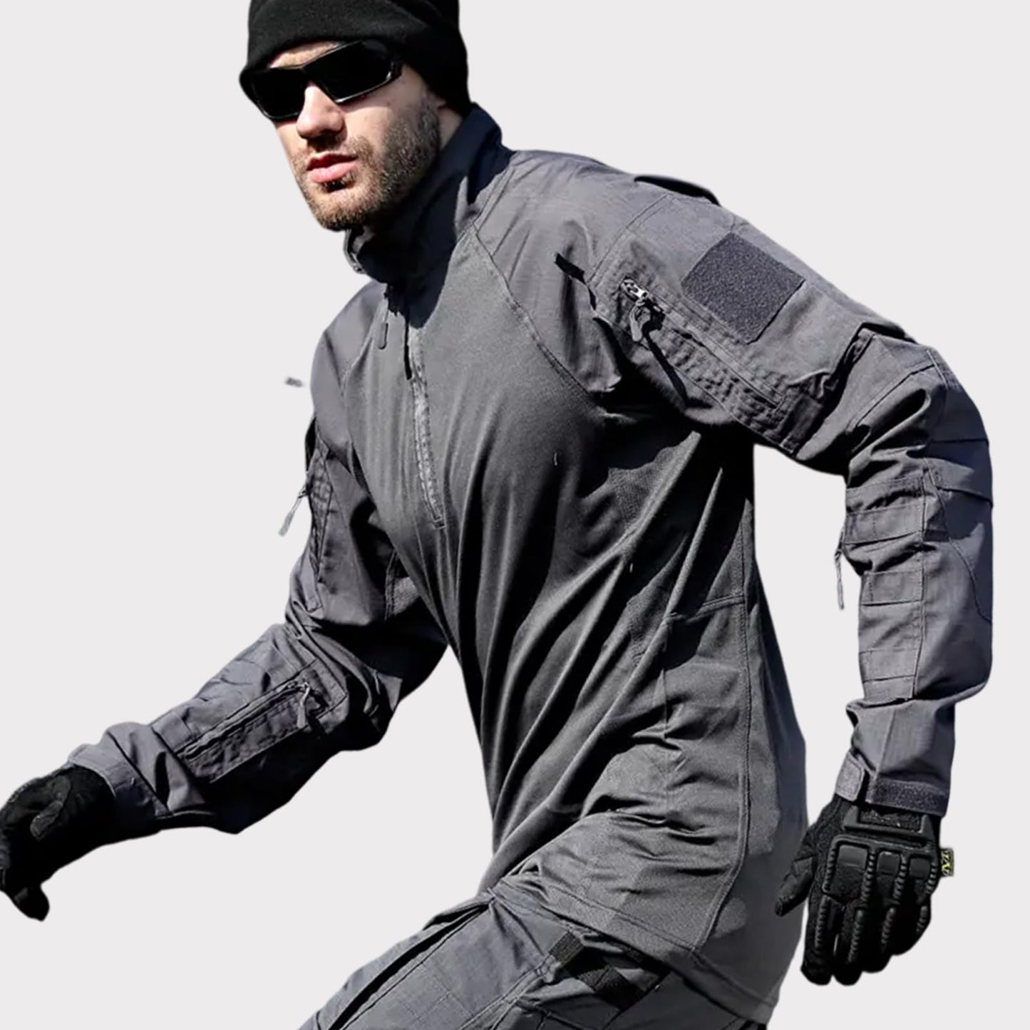 Men's Tactical Shirts Military Combat Shirt，1/4 Zipper Long Sleeve with Elbow Pads Top for Outdoor Paintball Airsoft Grey L