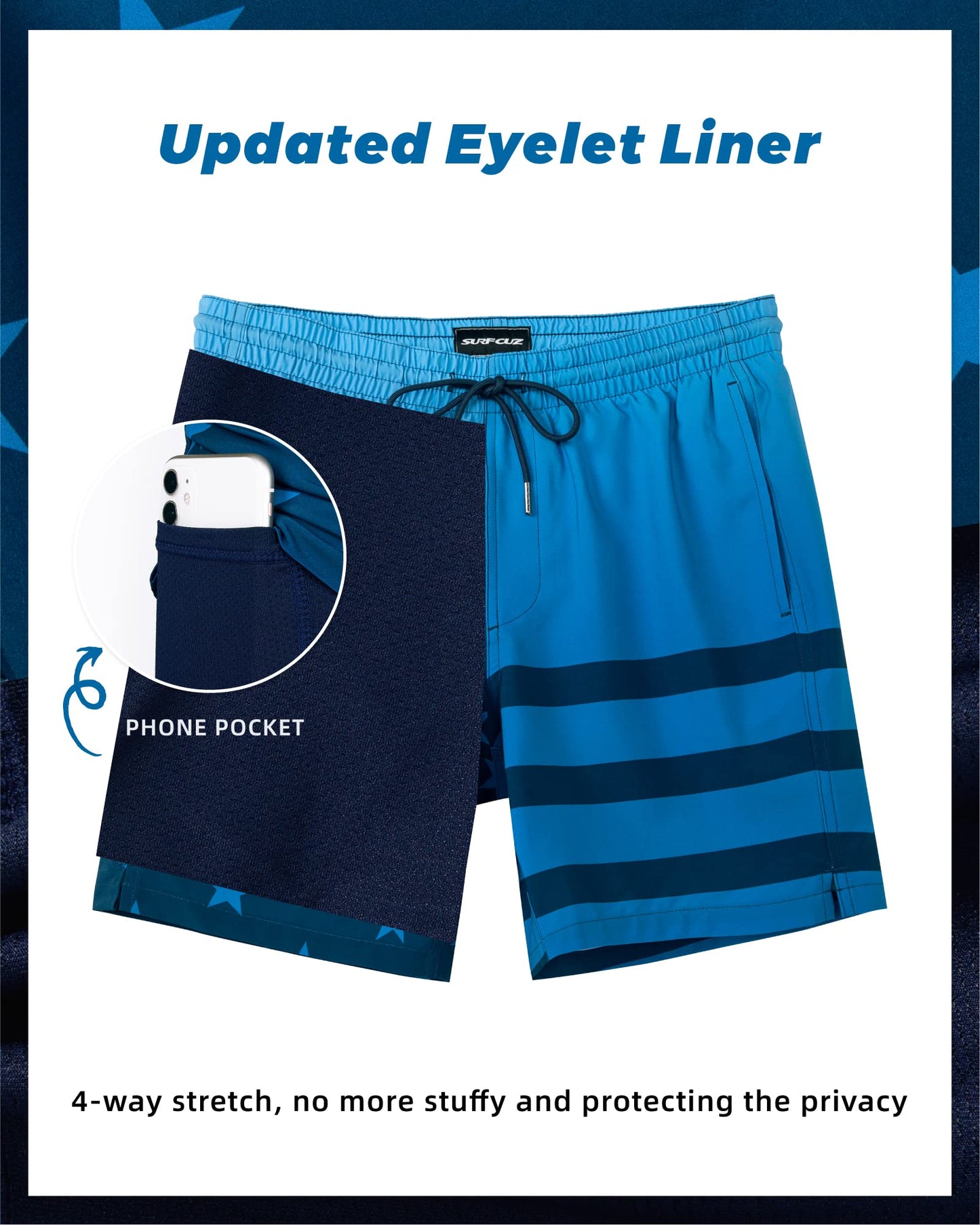 SURF CUZ Mens Swim Trunks with Compression Liner Quick Dry Swim Shorts 7" Swimming Trunks Stretch Zipper Pockets Blue Gradient Flag Large