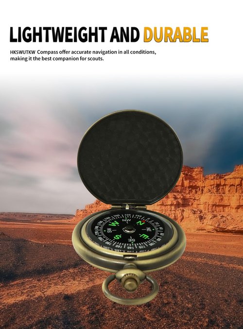HKSWUTKW Zinc Alloy Waterproof Golden Keychain Compass - Vintage Antique Design for Kids, Boy Scouts & Hiking - Survival Orienteering & Navigation Gear