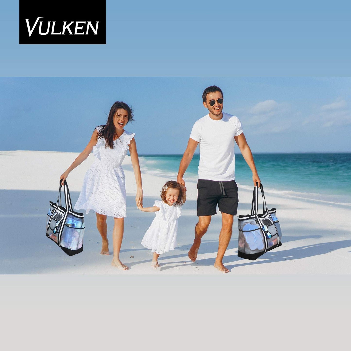 Vulken 42L Extra Large Mesh Beach Bag. 9 Pockets Top Zip Tote Bag Shoulder Bag. (Black&White)