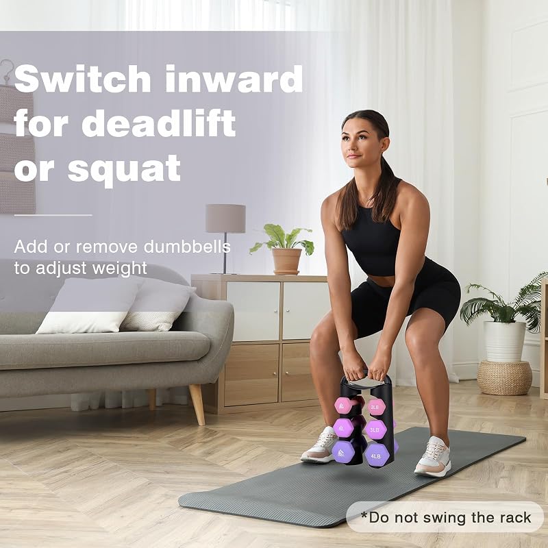 Lilac Fantasy 18lb Set of 6 Neoprene Coated Dumbbells with Rack - Anti-Slip Hex Weights