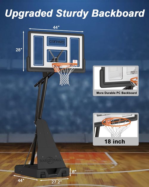Cofiyard Basketball Hoop Outdoor with 44 Inch Shatterproof Backboard, 5.25-10FT Height Adjustable Basketball Hoop Goal System with Portable Wheels for Youth and Adults