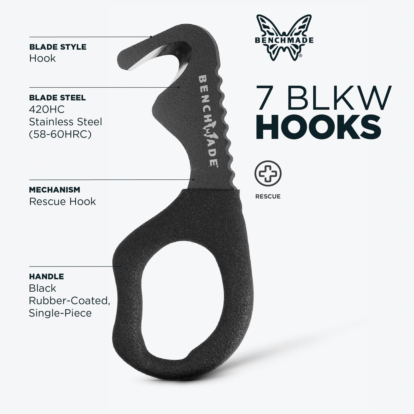 Benchmade - Hook Safety Cutter for Rescue and Tactical Use with Black Rubber Dipped Handle (7 BLKW)