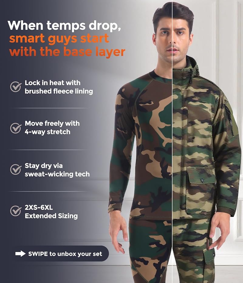 Men's Thermal Base Layer Set - Long Johns, Fleece 95% Polyester 5% Spandex, Camouflage Green, Large