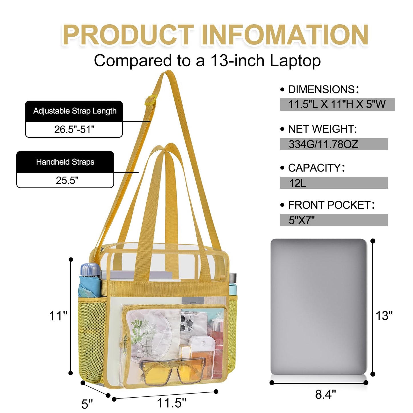 USPECLARE Clear Bag for Stadium Events, 12x6x12 Transparent Stadium Messenger Bag for Concerts, Work, Sports Games, Gym