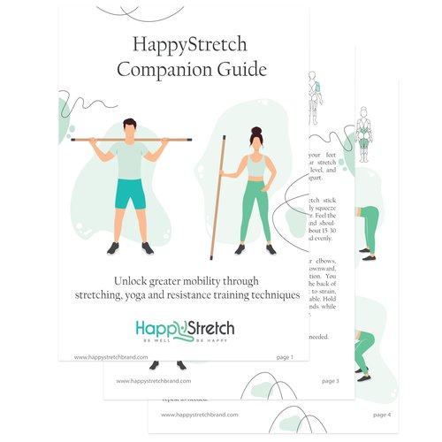 Yoga Stick Stretching, Flexibility and Strength I Bamboo Mobility Stretching Stick 5ft | Resistance Loop Exercise Bands Set of 5 | Workout Guide I Video Library | HappyStretch