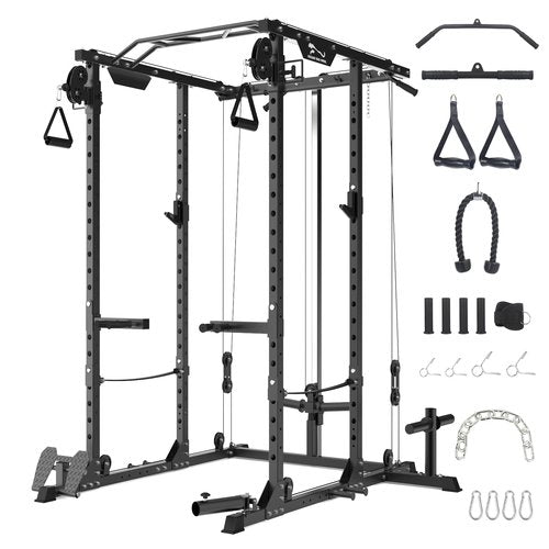 Hipicute Power Cage, Squat Rack with Cable Crossover System, 2000LBS Power Rack with LAT Pull Down System, Workout Cage with Pulley System for Fitness Home Gym, Black