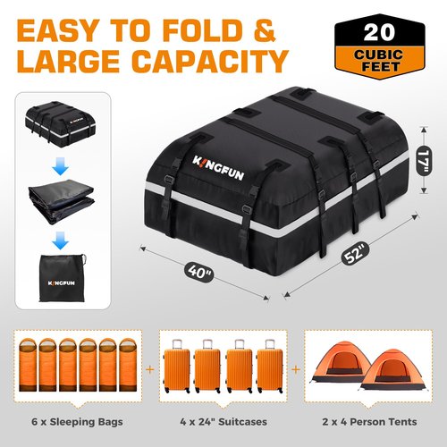 Kingfun Rooftop Cargo Carrier - Waterproof 20 Cubic Feet Car Roof Bag for All Vechicles with/Without Racks, Includes Anti-Slip Mat, 8 Reinforced Straps, 6 Door Hooks, Luggage Lock (Black)