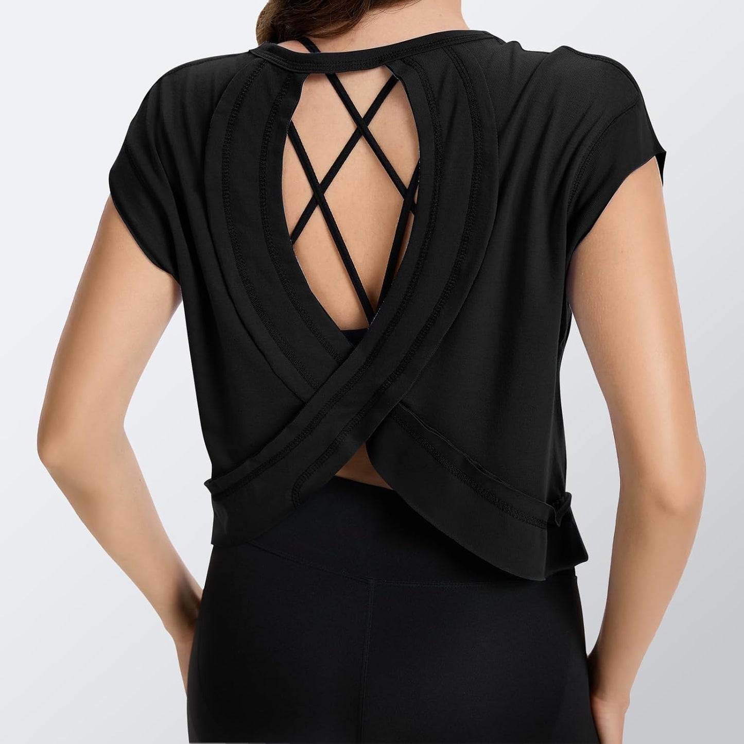 2 Pack Women's Open Back Workout Tops Short Sleeve Backless Athletic Shirts Loose Fit Crop Tops Running Gym Yoga Tee