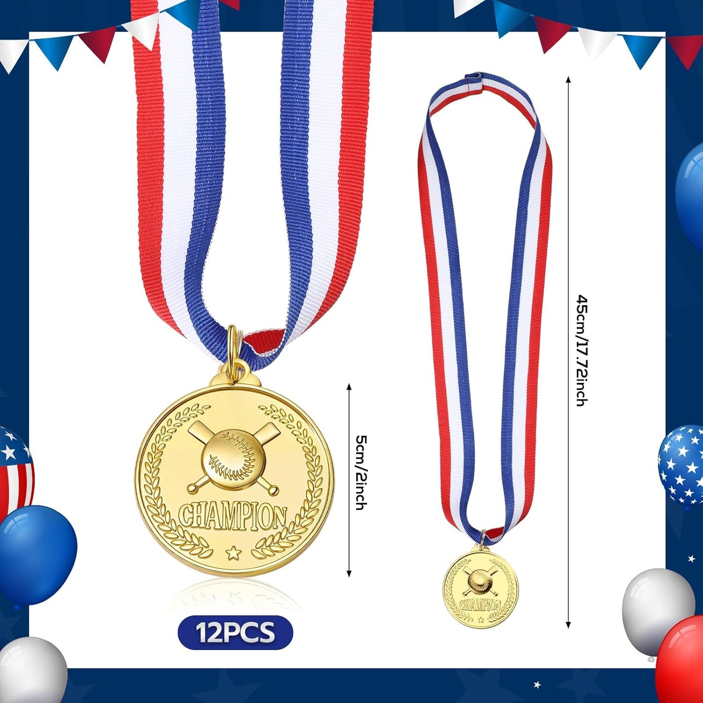12 Pcs Baseball Medals for Award Golden Metal Medals for Kids Boys Adults Medals with Neck Ribbons Favors Competitions, Sports Events, Baseball Game Sports, Baseball Party Favors, 2 Inches