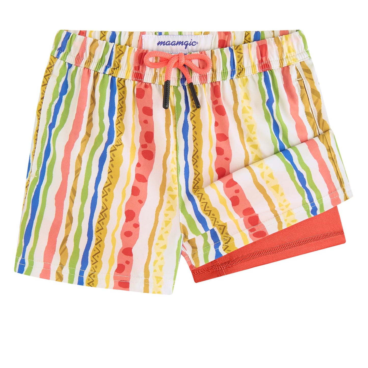 maamgic Boys Swim Trunks with Compression Liner Toddler Stretch Swim Shorts Quick Dry Swimming Trunks Boxer Brief 2 in 1 Beach Shorts Playful Stripes 4T