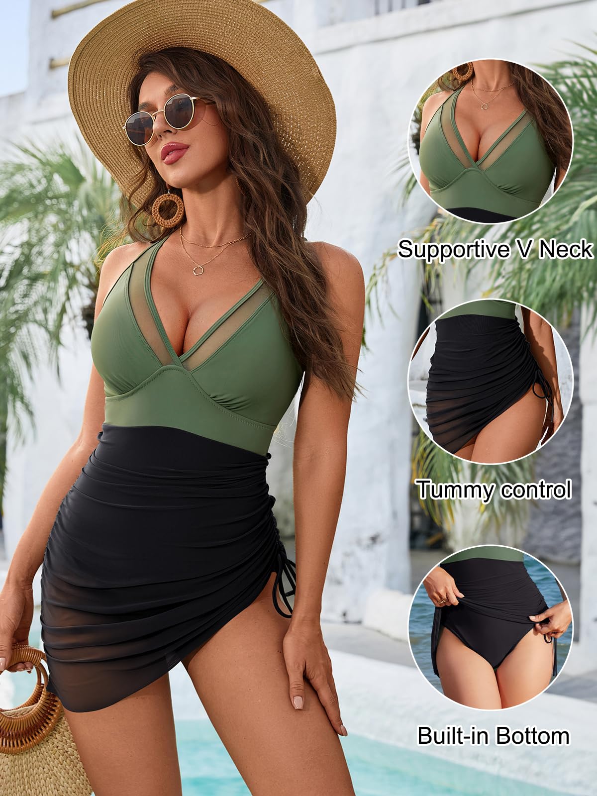 Blooming Jelly Women One Piece Swimsuits Tummy Control Swim Dress Slimming Sarong Wraps Swim Suits (L, Green and Black)