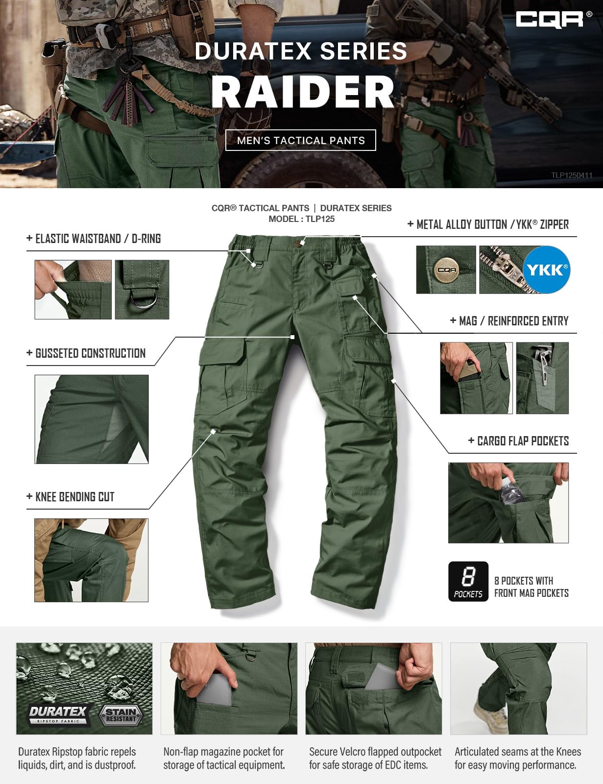 CQR Men's Tactical Pants, Water Resistant Ripstop Cargo Pants, Lightweight EDC Work Hiking Pants, Outdoor Apparel, Raider Mag Green Kelp, 42W x 32L