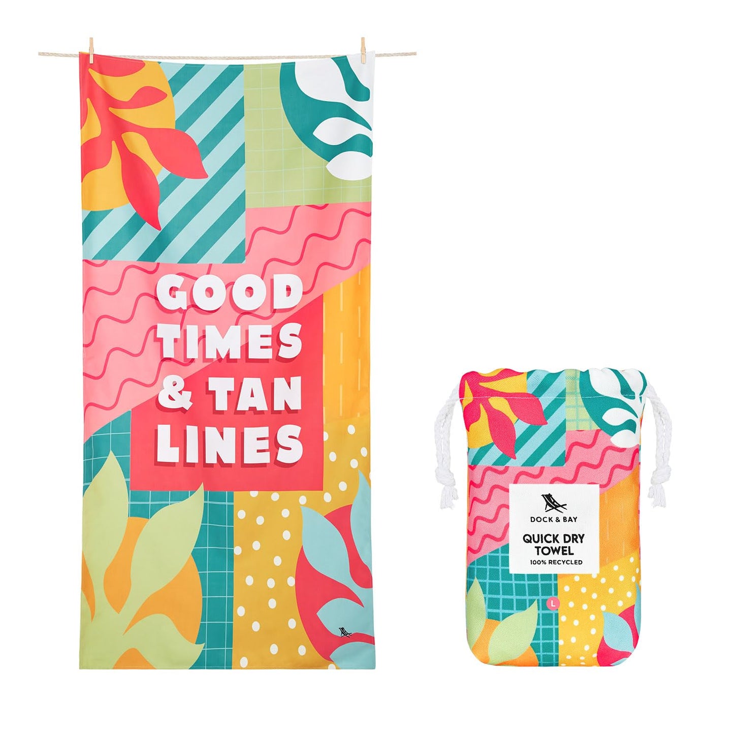 Dock & Bay Beach Towel - Quick Dry, Sand Free - Compact, Lightweight - 100% Recycled - Includes Bag - Good Times & Tan Lines - Large (160x90cm, 63x35)