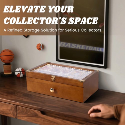 Card Display Case with Battery-Powered LED Strip, Graded Card Display, Sports Card Case, Holds 70+ Graded Cards, Wood Storage Box with Drawer, Dividers, Fits Toploader & Slabs