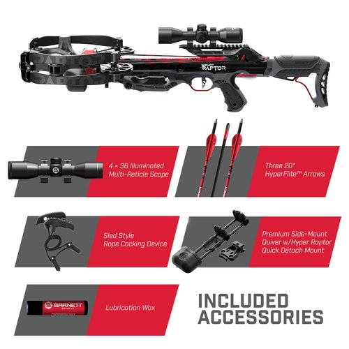 Barnett Hyper Raptor Crossbow, High-Speed Compact Crossbow Package with 4x36 Multi-Reticle Scope, Three HyperFlite Arrows, Without Crank Device