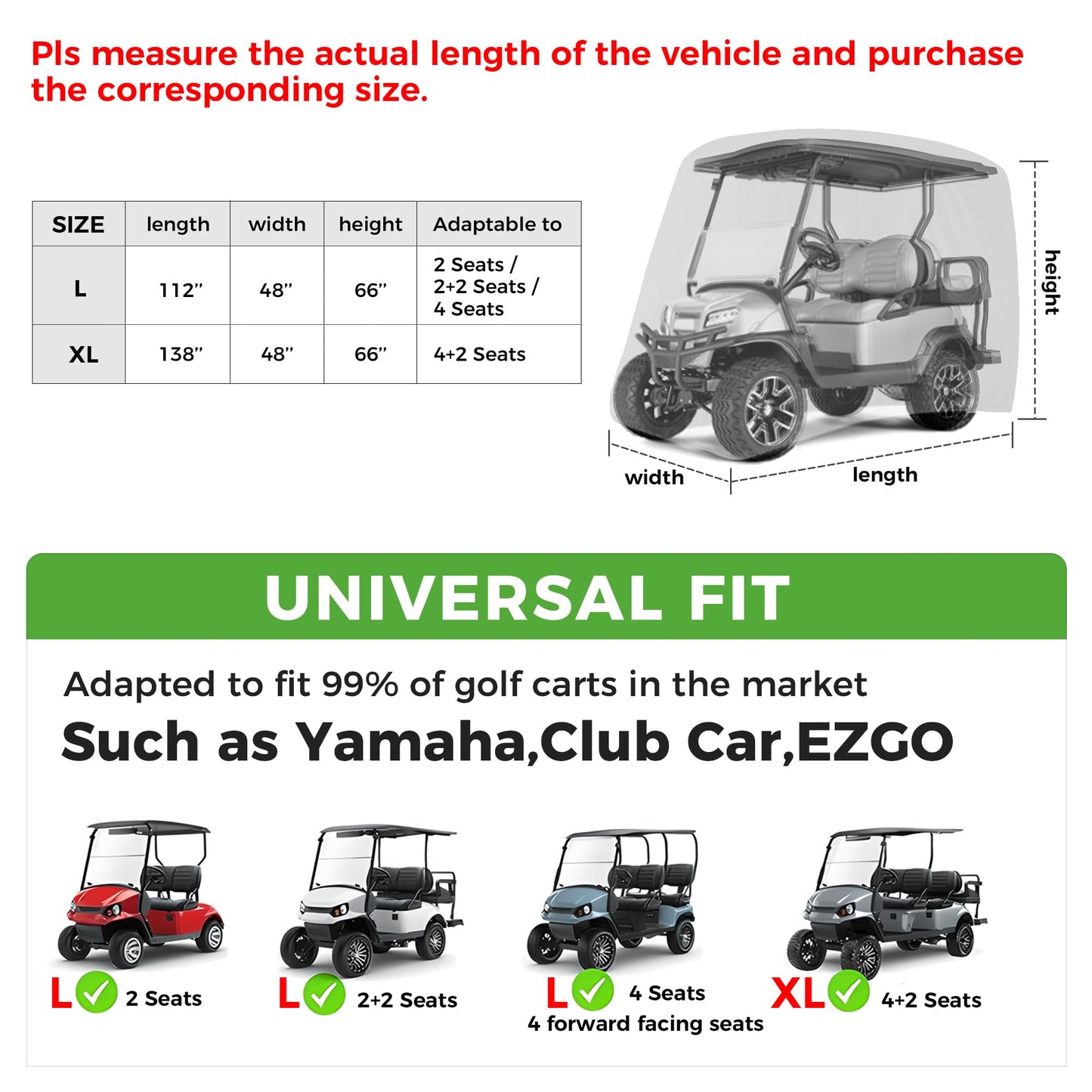 10L0L 2/4/4+2 Passenger Golf Cart Cover Fits for Yamaha EZGO Club Car, 420D Waterproof Durable Polyester Golf Cart Cover with Three Zipper Doors Windproof Sunproof - Black