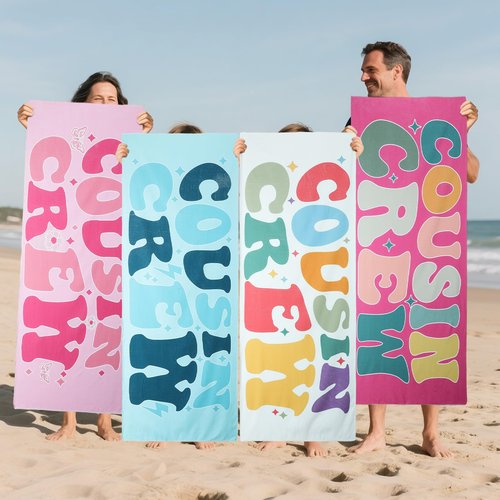 Peryiter 4 Pcs Cousin Crew Beach Towel Extra Large 27.6 * 59 Inch Funny Pool Towel for Summer Swimming Pond Lake Gift Team Gift Birthday Present Baseball Beach Lounge Cover Accessories