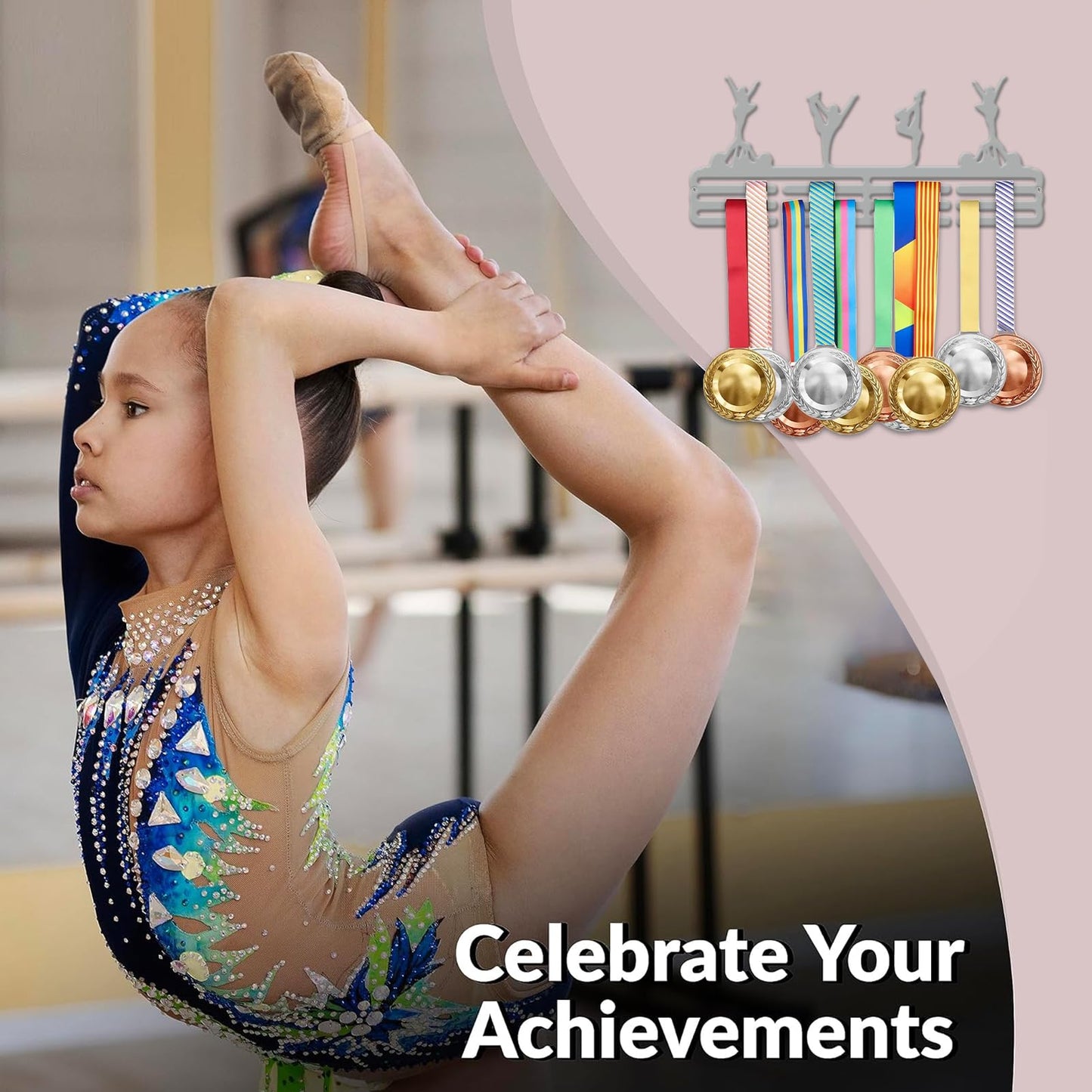 Resama Gymnastics Medal Hanger Holder Display Rack for Awards Ribbons Personalized Medal Sports Themed Race Ribbon Holder for Wall Metal Display for Men Boy Girl Kid Silver
