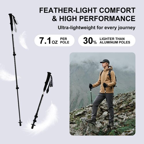PELLIOT Ultralight Trekking Pole Carbon Fiber & Aluminum Alloy Hiking Pole 3-Section Telescopic Trekking Stick with EVA Foam Grips Adjustable Walking Stick for Hiking Black