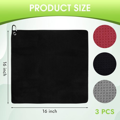 PEASUG 3 Pack Golf Towels (16" x 16"), Absorbent Waffle Pattern Golf Towel for Golf Bag, Tri-Fold Portable Microfiber Golf Towels for Men & Women with Carabiner Clip, Gray/Red/Black