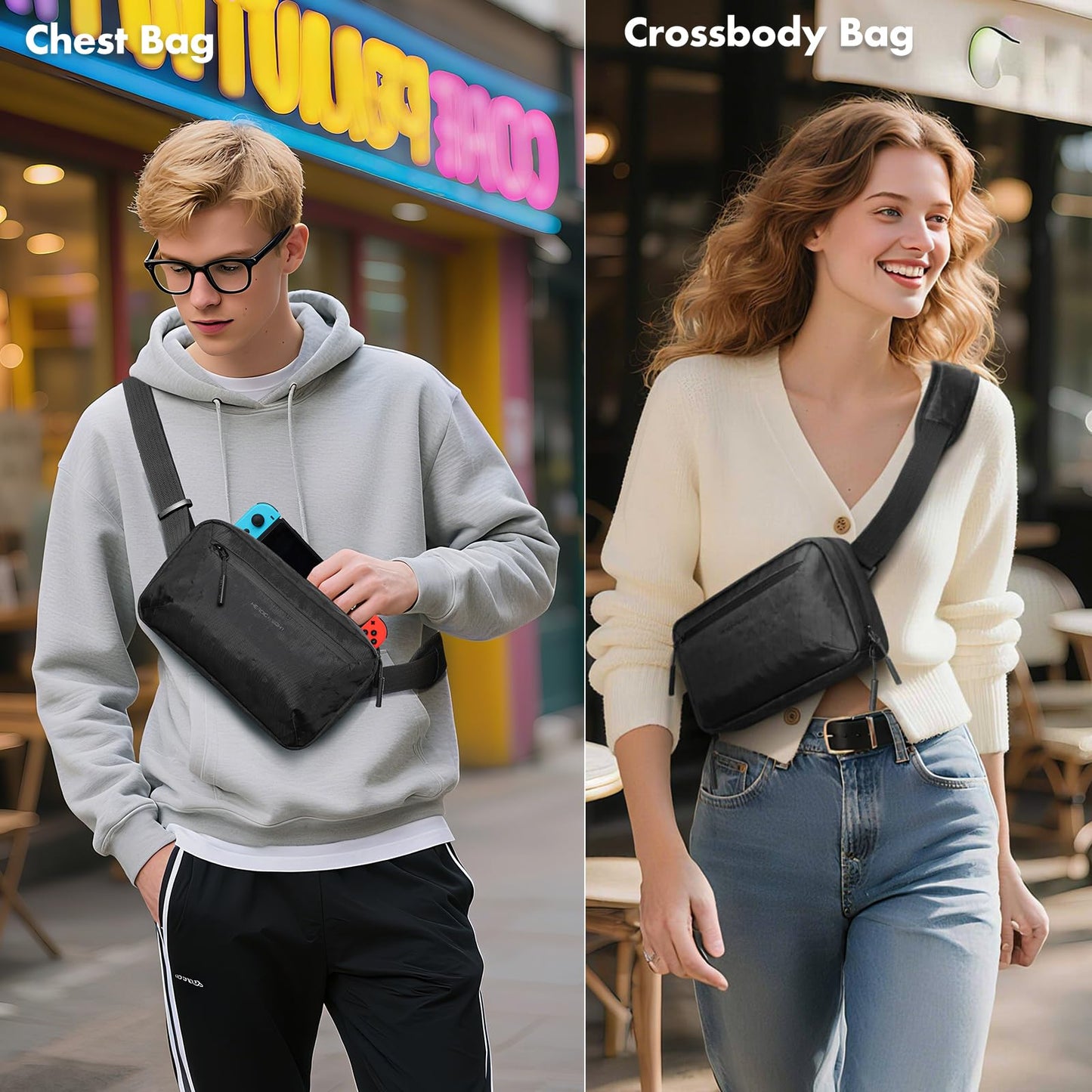 HEROIC KNIGHT Small Crossbody Bag, 2.5L Lightweight Sling Bag Chest Shoulder Pack with Removable Strap for Men Women, Waterproof Casual Fanny Pack Backpack for Travel/Daily Use/Hiking/Cycling,Black