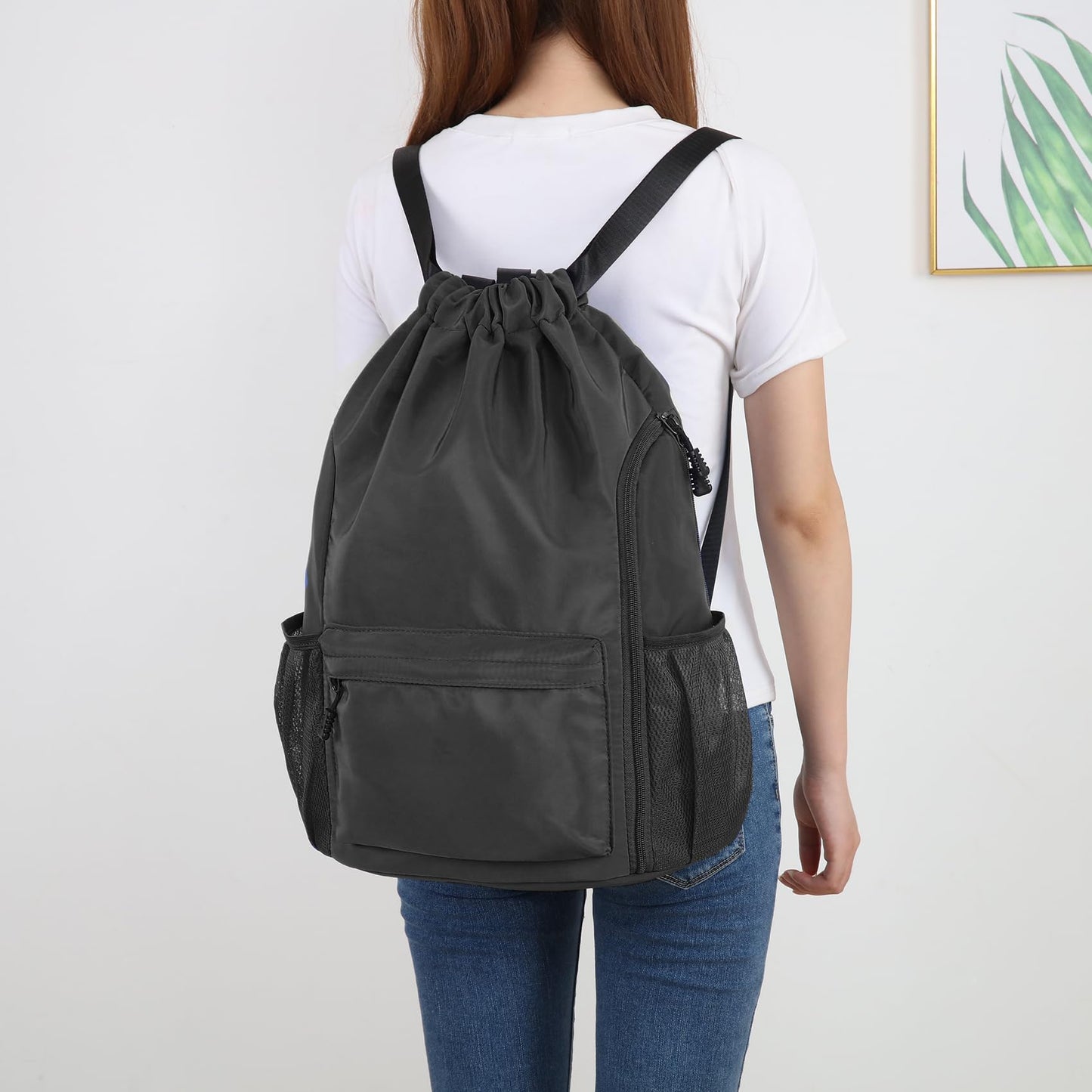 Valleycomfy Waterproof Drawstring Gym Backpack Bag for Men & Women,Sports Gym Bag with Side Pocket Black