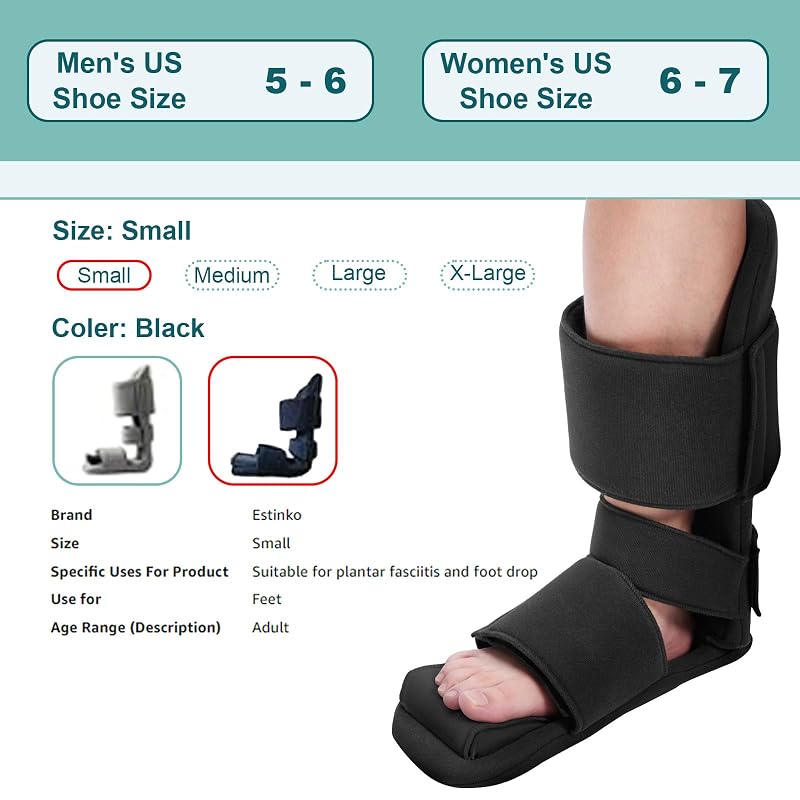Estinko Plantar Fasciitis Night Splint – Adjustable, 3 Straps, Foam Wedges, Black Medium