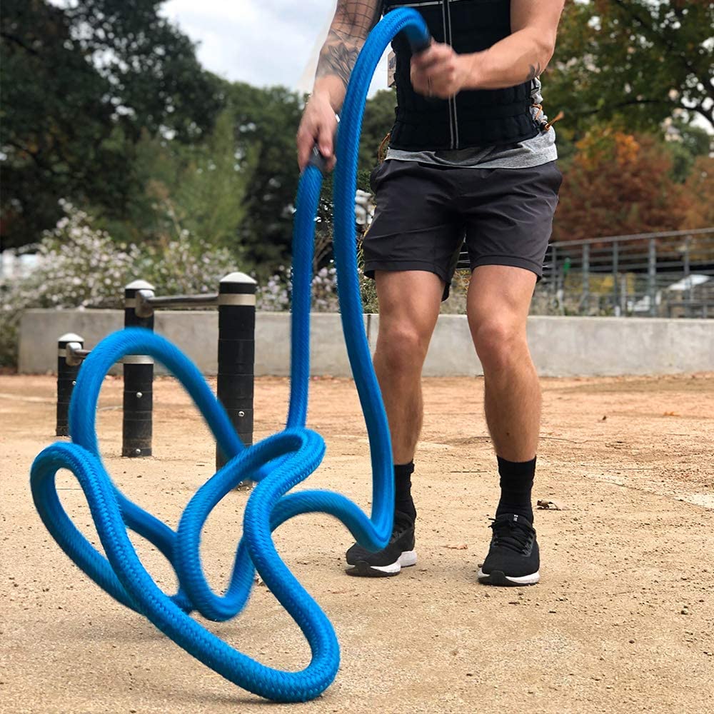 HYPERWEAR Hyper Rope Weighted Short Battle Rope, 15 lbs, 1.5in x 20ft, Anchor Optional, Full-Body Workouts (Blue)