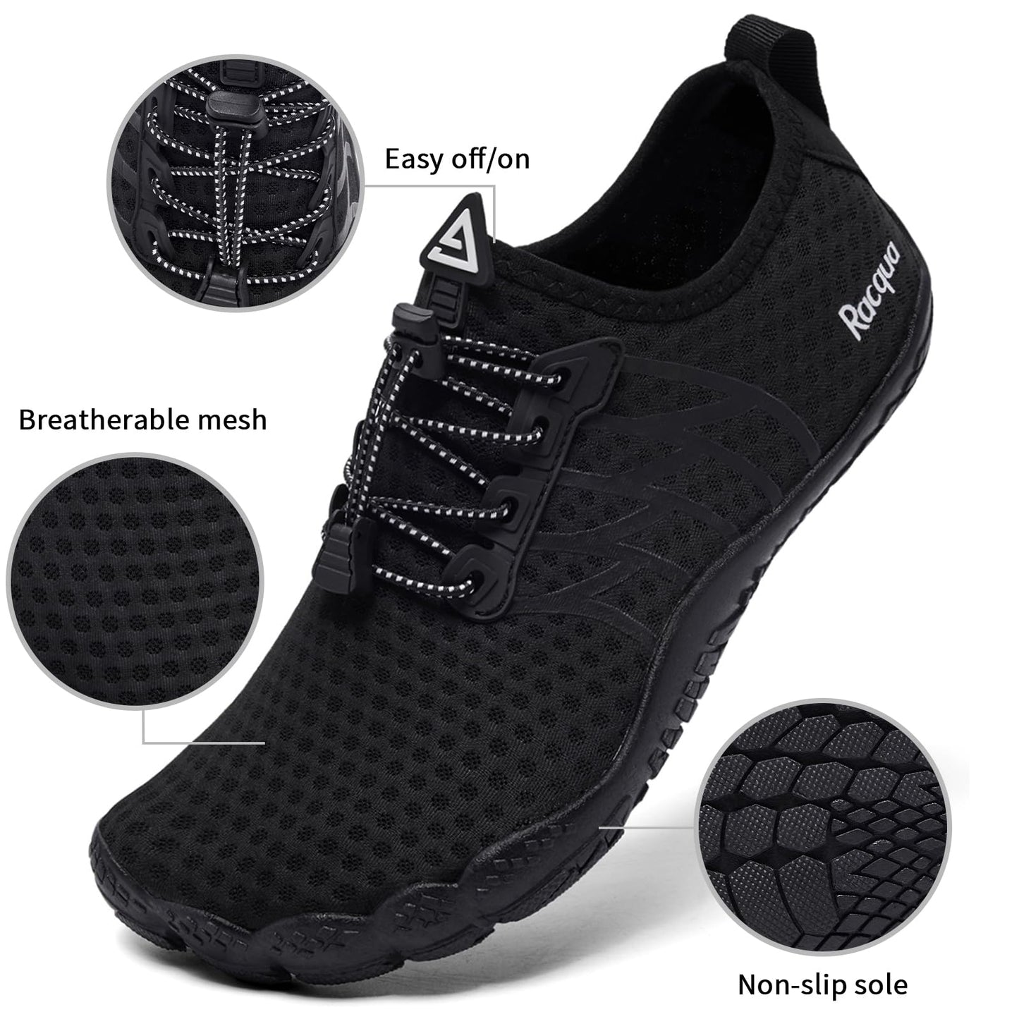 Racqua Water Shoes Lightweight Quick-Dry Swim Shoes Breathable Beach Shoes Barefoot Aqua Outdoor for Men Women Black 11 Women/10 Men