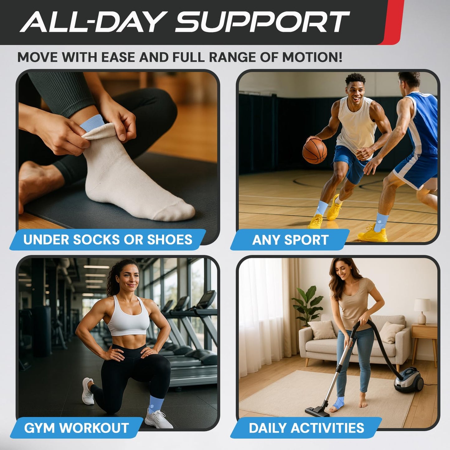 Sleeve Stars Ankle Brace for Women & Men, Ankle Wrap for Sprained Ankle, Compression Sleeve for Plantar Fasciitis Relief, Easy Customizable Support: w/Removable Strap (Single/S:9"-10"/Light Blue)