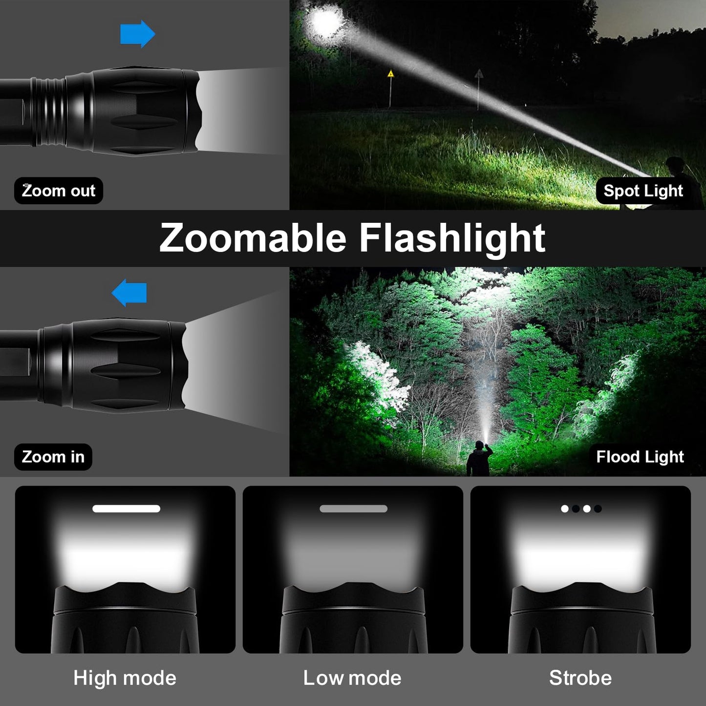 JINIU Rechargeable LED Flashlight, Bright Tactical Torch High Lumens, White Light, Waterproof Handheld Zoomable Flash Light, Gifts for Men, Hunting Camping Essentials Gear