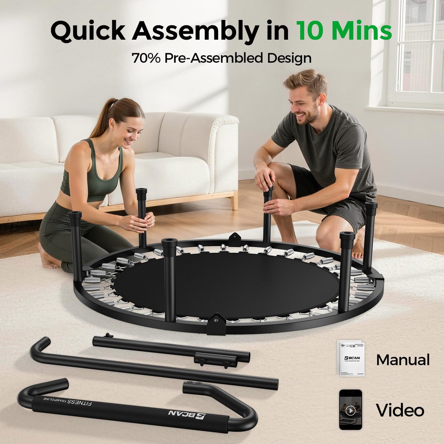 BCAN 40"/38" Foldable Mini Trampoline, Rebounder Trampoline for Adults, U/T Adjustable Foam Handle, Exercise Rebounder for Adults Indoor/Garden Workout, Max Load 330lbs/440lbs-40IN-T-Handle-Green