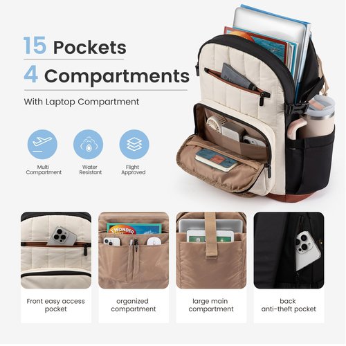 LOVEVOOK Laptop Backpack Women with Pouch Pocket for Large Capacity Cup,15.6 Inch Lightweight Puffer Computer Laptop Bag Travel Backpack Purse for Work College Teacher Personal Item,Black-White-Brown