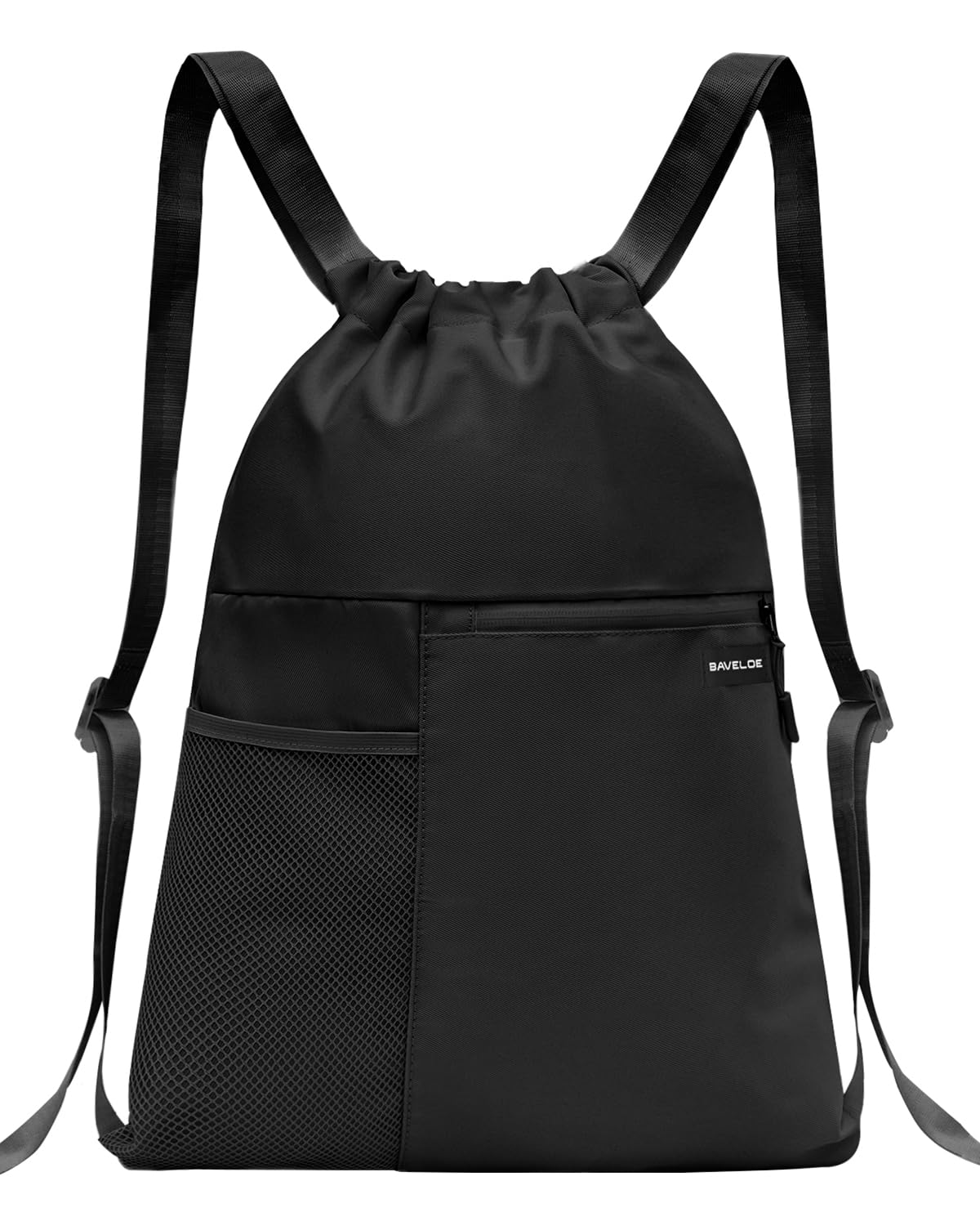 BAVELOE Drawstring Backpack with Mesh Pocket Water Resistant String Beach Swim Sports Gym for Women Men (Black)