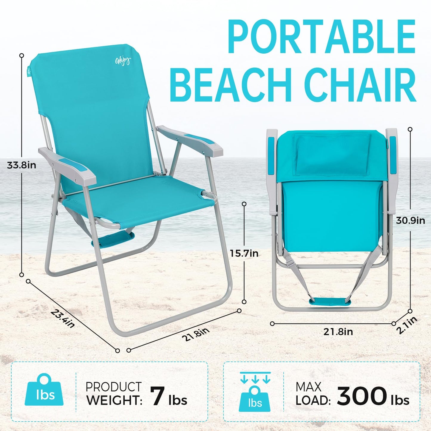 #WEJOY Folding Beach Chair for Adults, Lightweight Beach Chair with Shoulder Straps, High Back Camping Chairs with Hard Armrest, Supports 300lbs for Outdoor Lawn Concert, 2 Pack (Cyan)