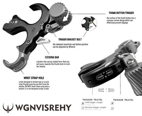 WGNVISREHY Bow Release for Compound Bow, Adjustable 3/4 Finger Thumb Release Aid with Wrist Strap & Wrench, Aluminum Alloy Archery Release Aid, Ambidextrous for Left & Right Hand, Hold up to 200lbs