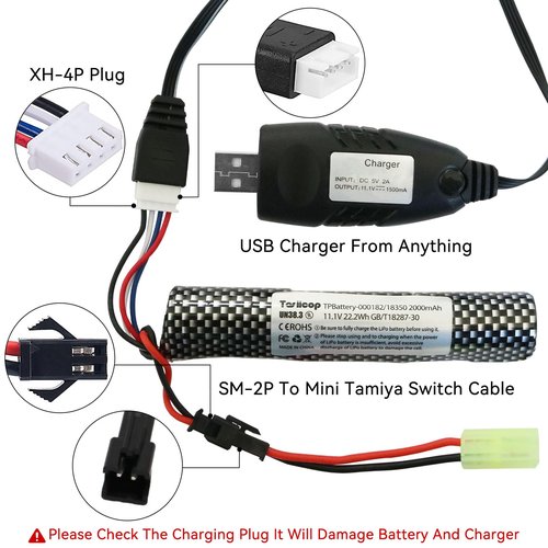 Tosiicop 11.1v Battery Gel Blaster - Airsoft Batteries 11.1 Volt 2000mAh with Charger and Mini Tamiya Connector to SM-2P Plug Conversion Cable for Water Bead Splatter Ball 2 Pcs