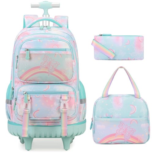 Scothen Rolling Backpack for Girls, 3PCS Roller School Backpacks for Girls with Lunch Bag and Pencil Pouch, Kids Bookbag Schoolbag with Wheels for Teen Girl Kindergarten Elementary Middle School