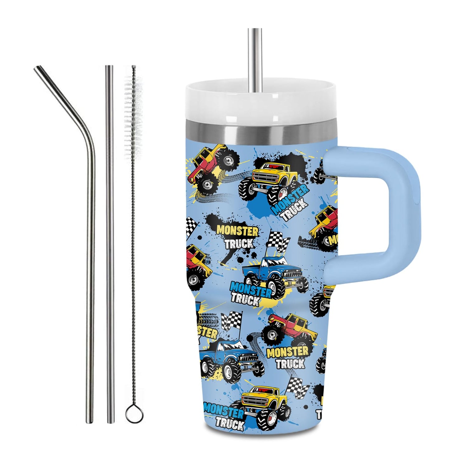 Hiboss 14 oz Monster Truck Tumbler with Handle and Straw for Kids, Insulated Stainless Steel Travel Mug for Boys, Double Wall Vacuum Reusable Cup, Birthday Gifts for Boys