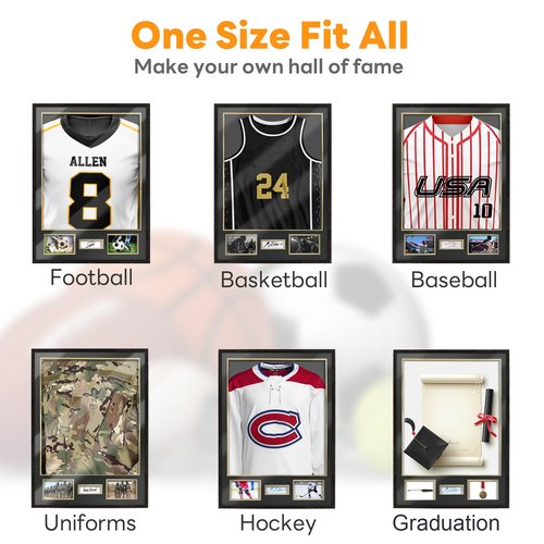 Jersey Frame Display Case for Football,Solid Wood Shadow Box with 98% UV Protection Acrylic,Two Photo Frame One Signature for Baseball, Basketball, Hockey, Uniforms - Black Walnut Finish