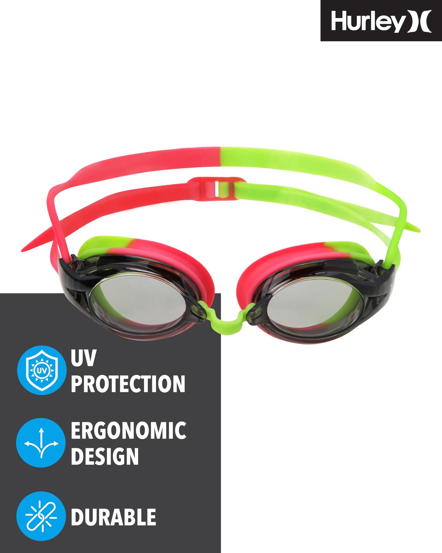 Hurley Kids Swim Goggles - 3 Pack UV Protection Anti-Fog Leak Proof Kids Goggles - Adjustable Wakiki Swimming Accessories