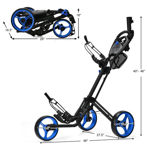GYMAX Folding Push Cart, 3 Wheel Height Adjustable Lightweight Golf Trolley W/Umbrella Holder & Mesh Bag, Quick Open Fold Cart (Blue)