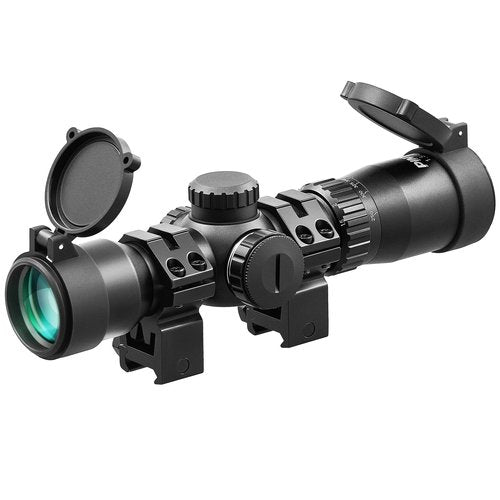 PINTY 1.5-5x32 Crossbow Scope, SFP Optics Scope Crossbow 20-100 Yards Etched Glass Ballistic Reticle, Red Green Illuminated Crossbow Scope for Hunting,with 20mm Scope Rings