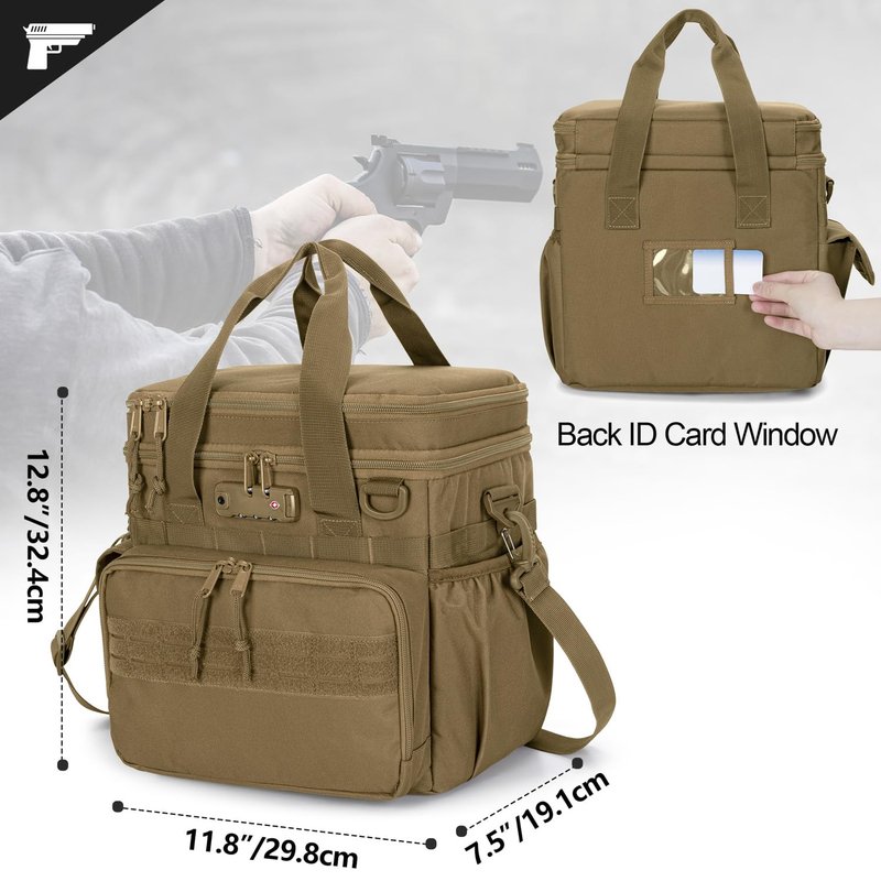 GOBUROS Tactical Gun Range Bag with 3 Pistols Capacity and TSA Lock, Gun Duffle Bag with 2 Small Pistol Cases and 12x Magazine Slots, Multi-Pockets for Hunting and Shooting Range Gear, Khaki