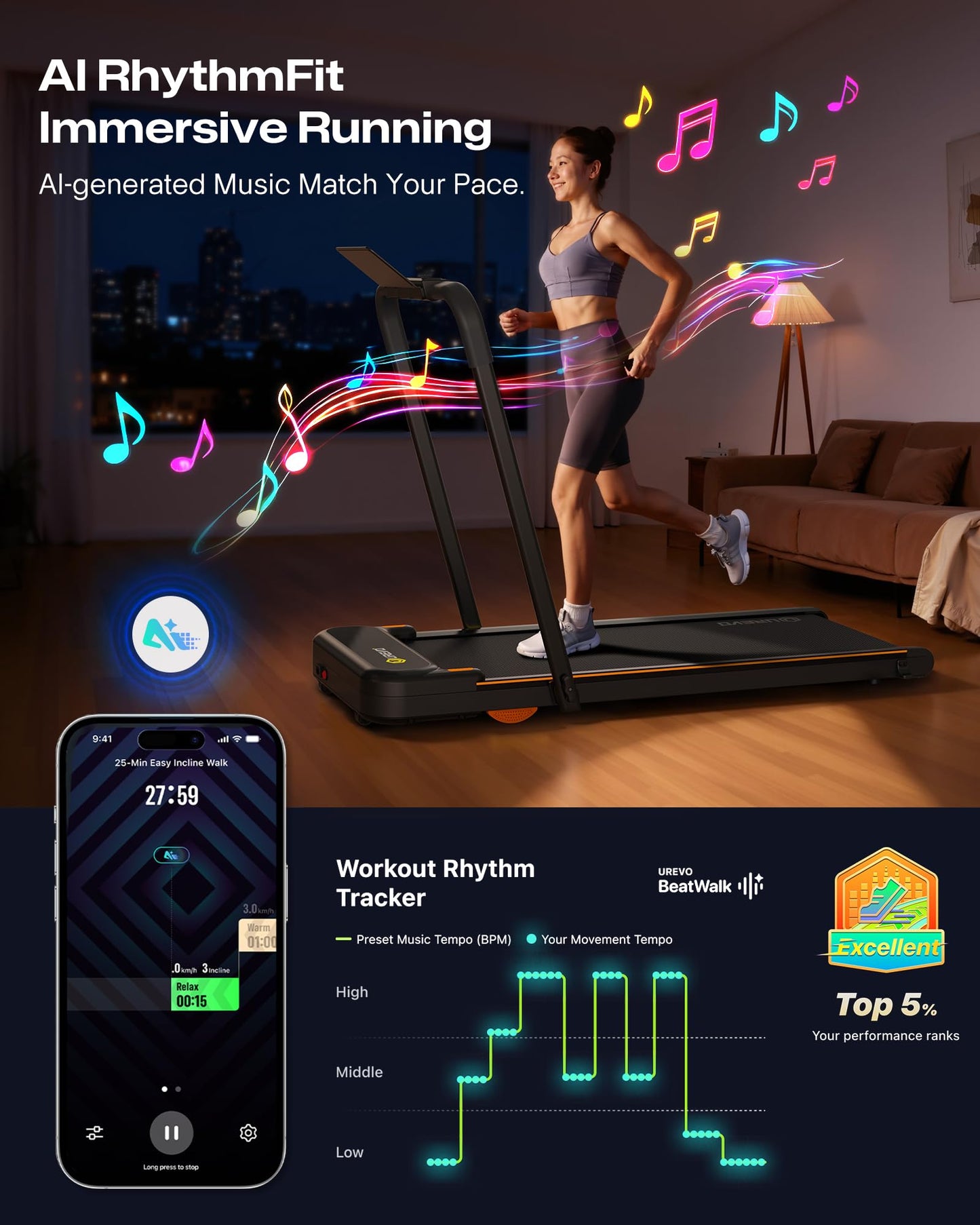 UREVO Strol 2E Smart 2-in-1 Folding Treadmill, Compact Walking Pad with Safety Handle, Plug and Play, Dual LED Display, Workout APP, Walking or Running for Home Office, Remote Included, Tangerine