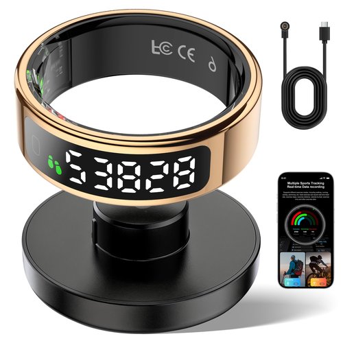 Smart Ring Fitness Tracker for Men Women - Ring with Touchscreen Display for Activity, Sleep & Heart Rate Tracking, Step Counter, Remote Phone Control, IP68 Water Resistant, 7-Day Battery Gold #09