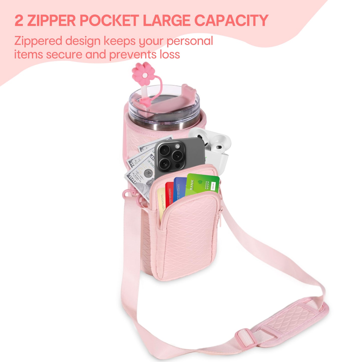&And Per Se Water Bottle Shoulder Bag for Women, Neoprene Carrier with Phone Pocket & Pink Charm, Adjustable Crossbody Strap Fits Stanley 30oz Tumblers, Gift for Her (Pink)