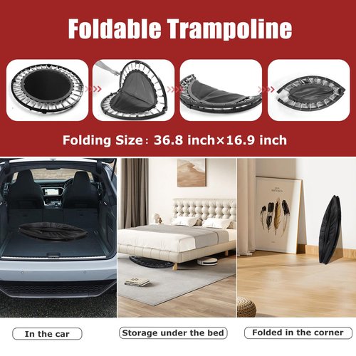 Rebounder Trampoline for Adults, 40"/50" Foldable Spring Fitness Trampoline with Adjustable Foam Handles - 450 lbs Capacity, Quiet & Stable Indoor/Outdoor Exercise Equipment for Cardio Workout